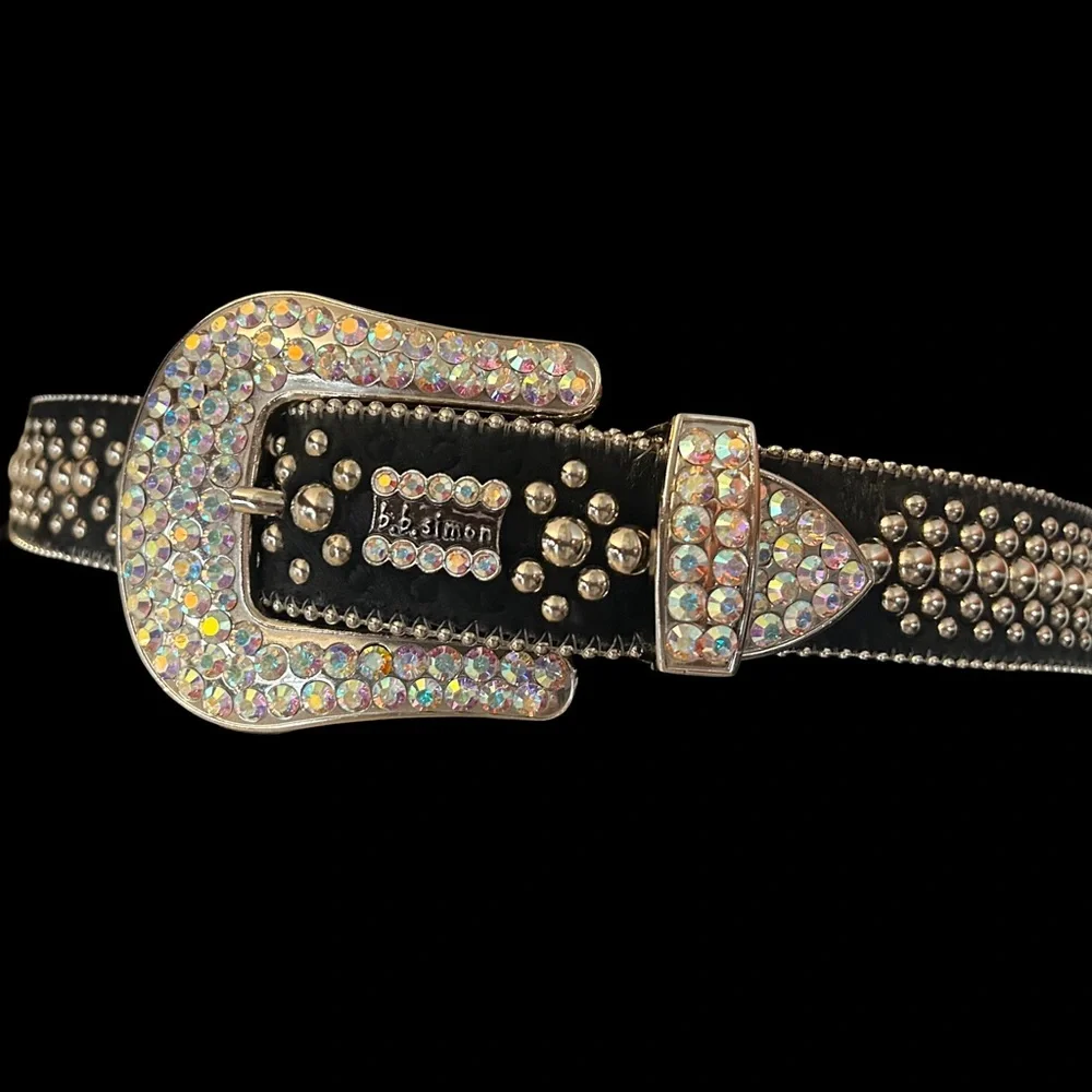 B.B. Simon M6000 Black Leather Belt with Silver and Iridescent Accents - Picture 3 of 12